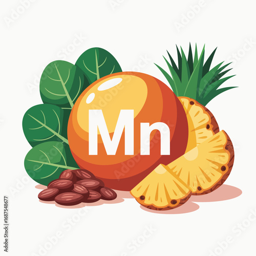 Manganese mineral symbol with healthy food sources