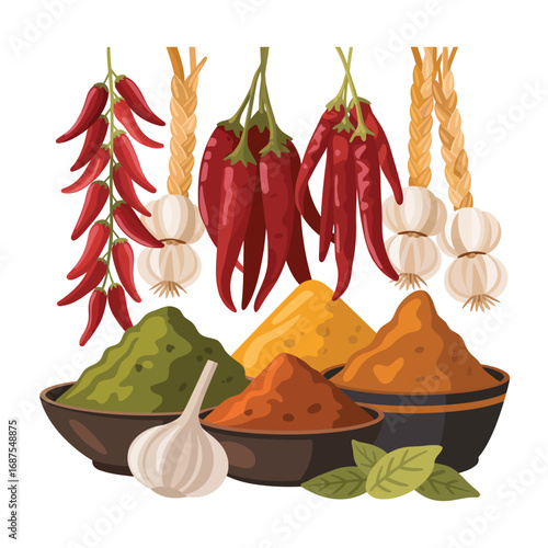 Assortment of spices and peppers with garlic and herbs