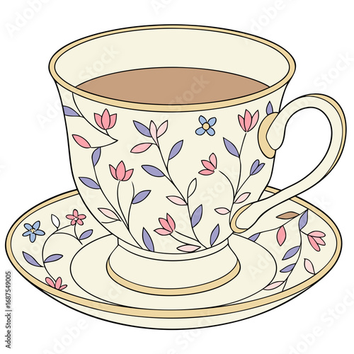 Vintage floral teacup and saucer illustration clip art for tea time design and elegant kitchen decor ideas