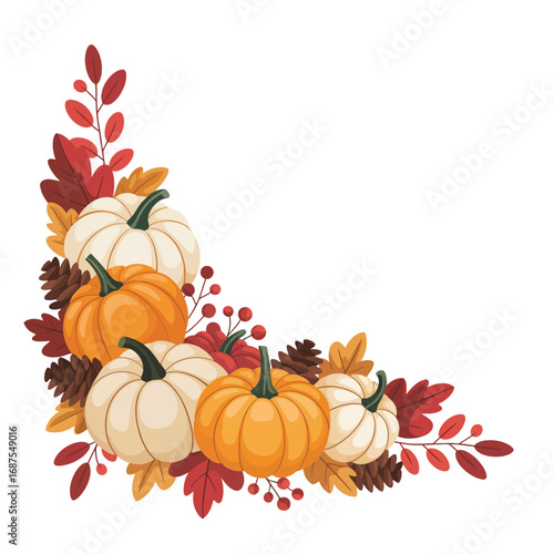 Autumn corner decoration with pumpkins and fall leaves