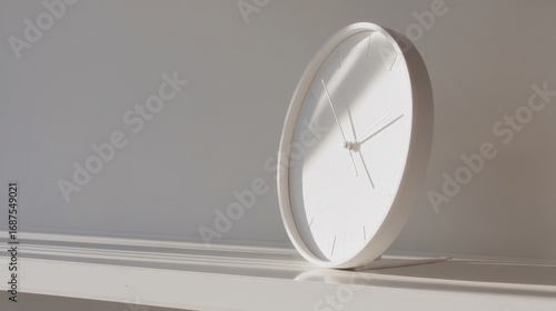 A modern white clock with a minimalist design, sleek geometric form on a flat surface against a plain light background,