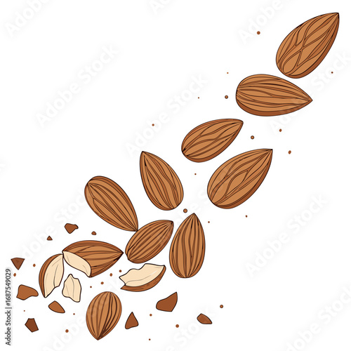 Scattered almonds with broken pieces and crumbs on a white background creating a natural and healthy food pattern for culinary designs
