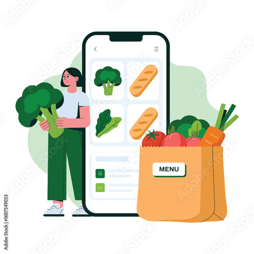 Woman ordering groceries online using a mobile app and a shopping bag