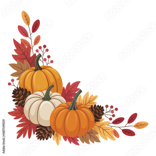 Autumn harvest corner decoration with pumpkins and fall leaves