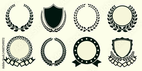 Collection of laurel wreaths shields and awards emblems for recognition and achievement