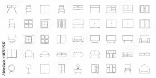 Collection of simple line drawing furniture and architectural elements for interior design and home decor