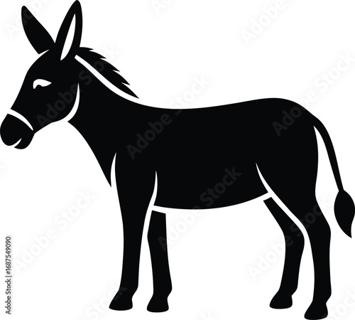 Silhouette of a standing donkey with prominent ears and a flowing tail isolated