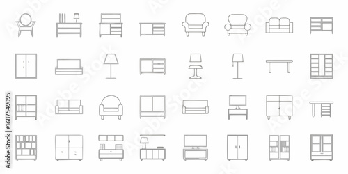 Collection of minimalist line art icons representing various furniture pieces for home and office interiors