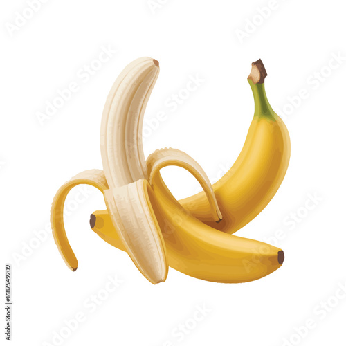 Two ripe yellow bananas one peeled on a white background