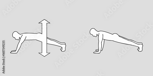 Illustration of a person performing a push up exercise with arrows indicating downward and upward movement