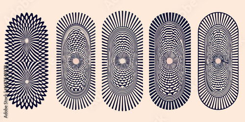Abstract geometric patterns with optical illusion effects in dark blue and light beige
