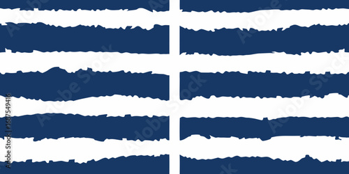 Abstract pattern of horizontal blue stripes with rough torn edges on a white background