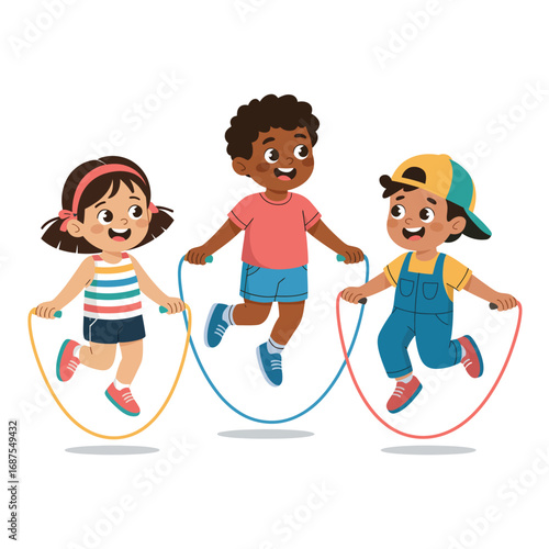 Diverse group of happy children jumping rope together outdoors