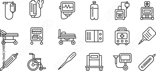 Hospital equipment line icons collection featuring medical devices, monitors, beds, syringes, thermometers, and diagnostic tools for healthcare UI, infographics, and presentations.