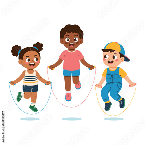 Three diverse children joyfully jumping rope together outdoors