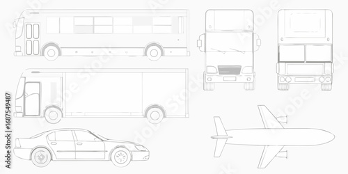 Collection of vehicle outlines including a bus double decker bus sedan car cargo van and airplane
