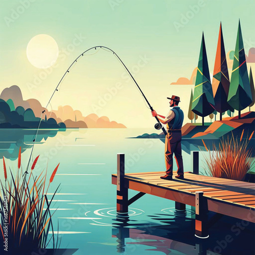Fisherman casting line from wooden dock on serene lake in summer  