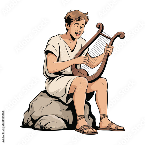 Young man playing a lyre sitting on a rock