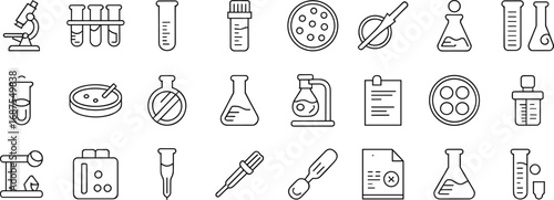 Laboratory and scientific vector icon set featuring microscopes, test tubes, petri dishes, pipettes, flasks, chemical analysis, and research document icons.