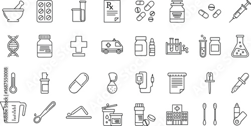 Medical vector icon set featuring pills, syringes, DNA, hospital buildings, test tubes, thermometers, and other healthcare symbols for medical and pharmaceutical designs.