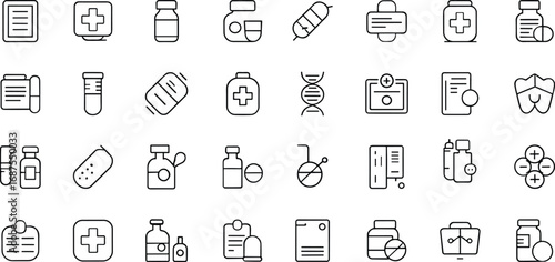 Minimal medical and pharmaceutical line icons pack featuring modern prescription, capsule, vial, DNA, and diagnostic elements for healthcare UI, apps, and infographics.