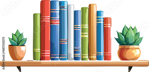 Wooden Bookshelf with Neatly Organized Stacked Books