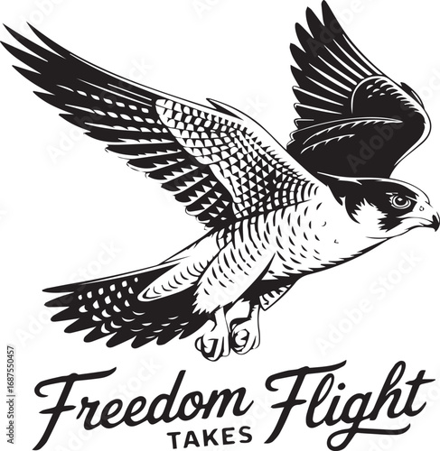 Black and white illustration of a falcon in flight with text Freedom Flight Takes bird wings