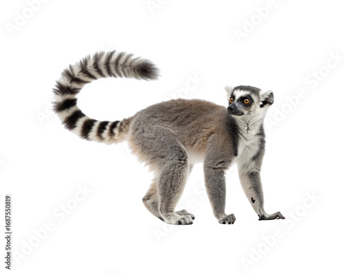 A full-length ring-tailed lemur standing in profile, isolated on a clean white background