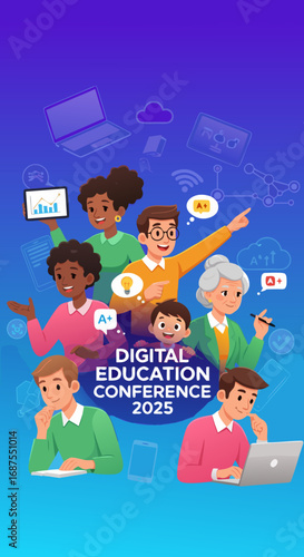 Digital Education Conference 2025 poster students professionals technology laptops tablets online learning global innovation event illustration