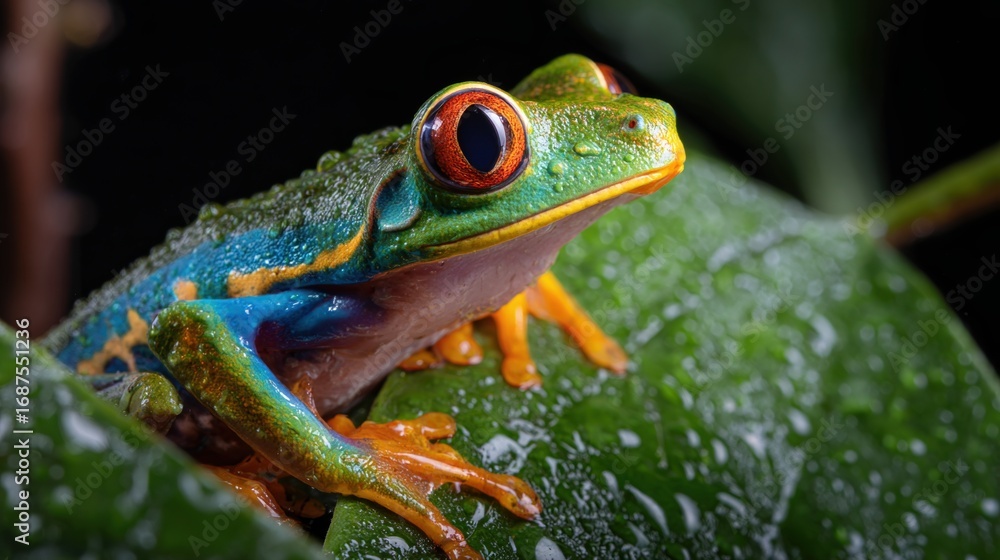 Obraz premium Colorful Tree Frog Perched on Leaf with Water Droplets in Nature