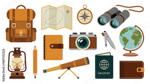 Adventure and exploration themed flat lay vector illustration featuring essential travel and exploration items