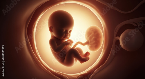 Human fetus in womb, a symbol of life’s beginning, shown as glowing form in amniotic sac. Fetus in womb is miraculous, a new life, and full of potential.