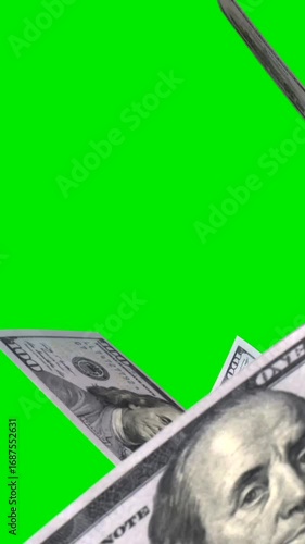 Money Explosion  - 100 Dollars of USA - V - Transition Blast From The Bottom - Vertical Green Screen - Realistic FHD 3D animation for smartphone or tablet projects, isolated on green chroma key