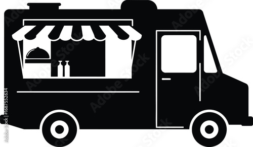 a food truck icon with striped awning and wheels