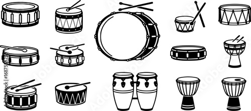 Collection of Black and White Drum Illustrations Representing Musical Instruments