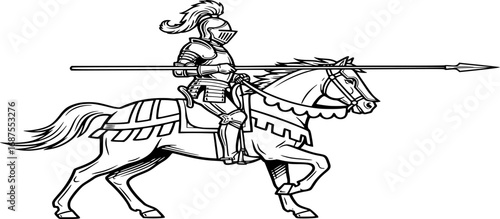 knight spear riding horse engraving black and white outline