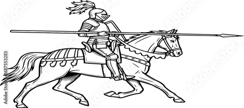 knight spear riding horse engraving black and white outline