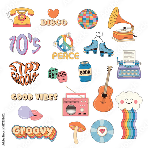Retro 70s hippie psychedelic groovy elements. 70s nostalgic badges. 