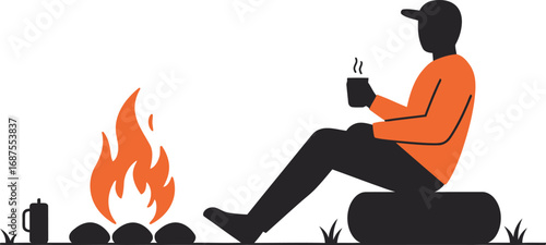 a person sitting by campfire holding mug enjoying peaceful night