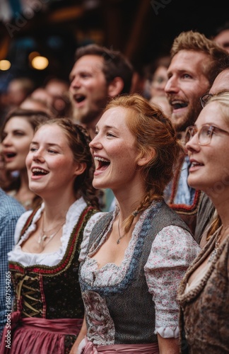 Bavarian people wearing traditional dirndl and lederhosen singing together