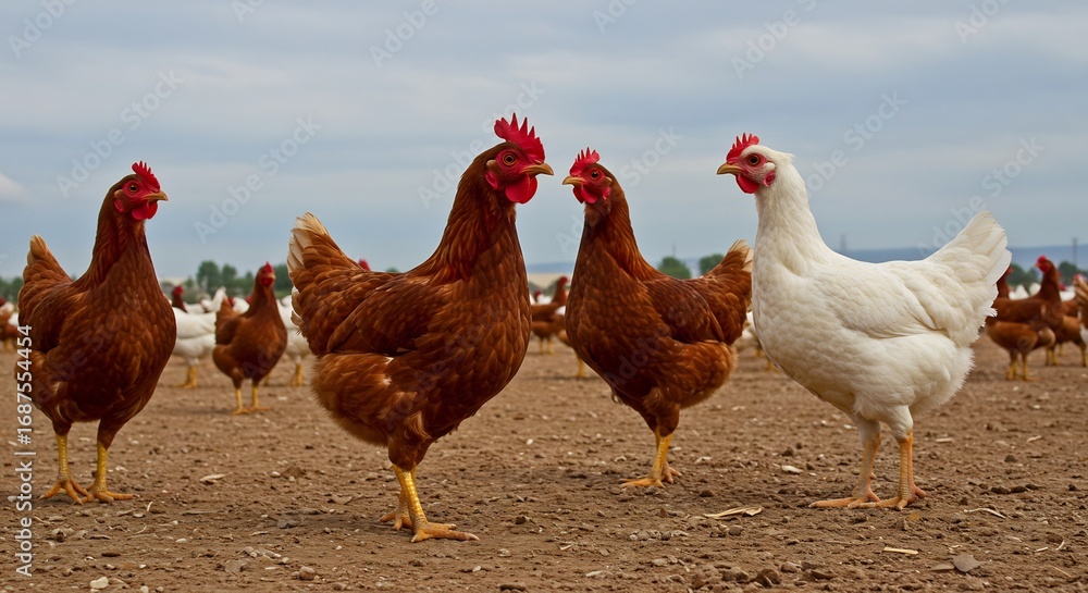 Fototapeta premium 穏やかな光輝く鶏群 平和な農場風景. AI Generated