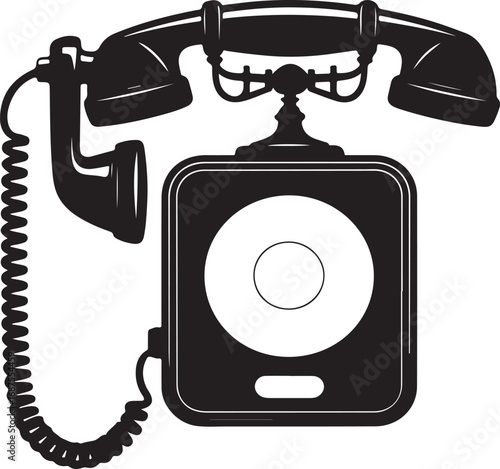 Vintage rotary dial telephone in black silhouette isolated on white background