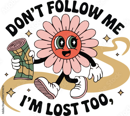 Cartoon flower character with map and text I'm lost too vector