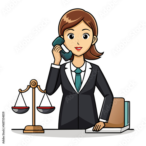 Professional female lawyer making an important phone call with client, modern office setting, confident businesswoman, legal consultation illustration