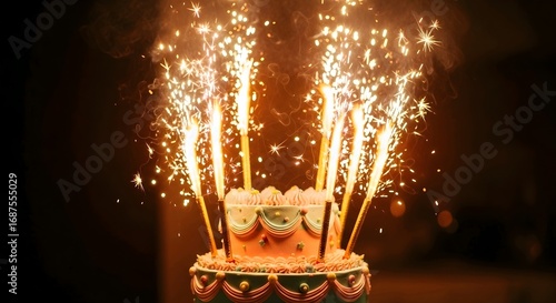Small decorated cake with sparklers on a patterned plate, warm golden sparks against dark background, festive atmosphere, celebration theme. Meta AI Generated.