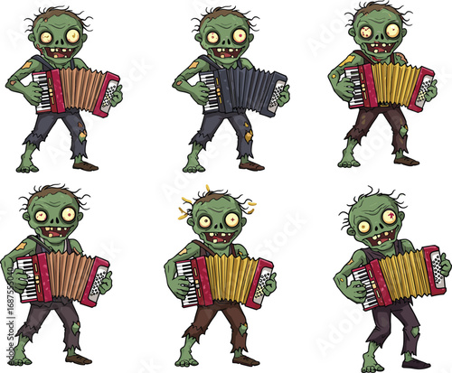 Cartoon zombies playing accordion, funny undead musicians, Halloween themed character set, music horror illustration design