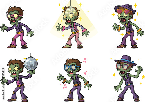 Disco zombie characters dancing in retro outfits, colorful cartoon undead party scene with funky music background
