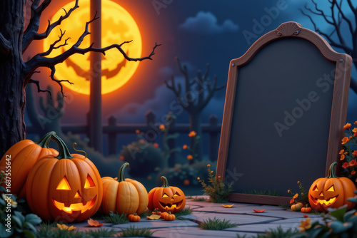 Halloween 3D clay style background. A spooky Halloween scene featuring glowing jack-o'-lanterns, a full moon, and an empty tombstone against a dark, eerie backdrop.