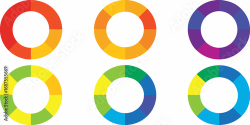 Six colorful segmented rings arranged in two rows on a white background