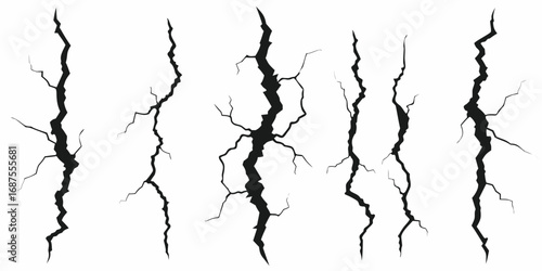 Collection of black crack illustrations on a white background symbolizing damage and destruction